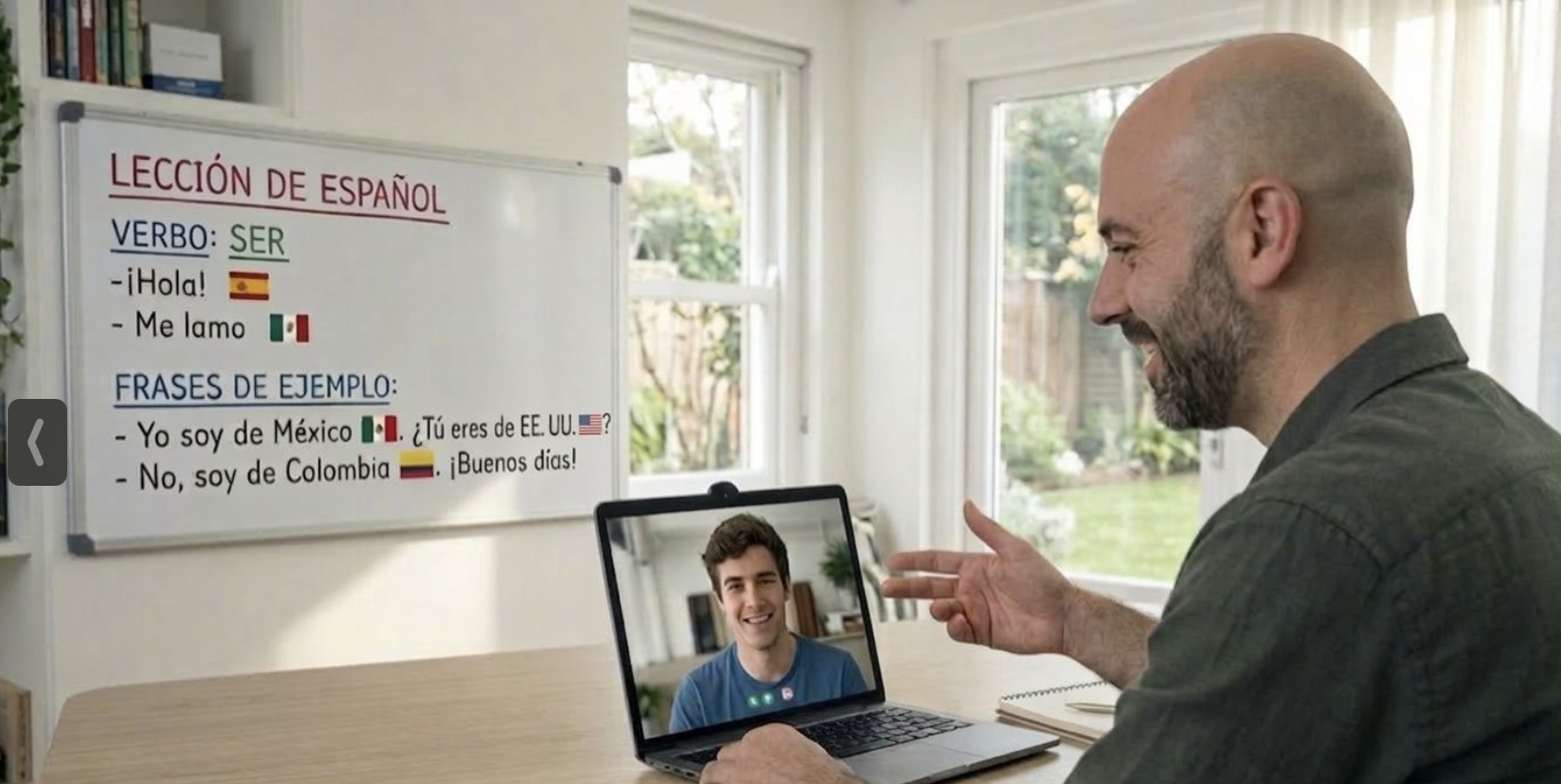 Student learning Spanish with a certified native teacher in a live video call